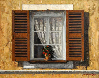 Pintura al oli d'una finestra amb un test i una flor