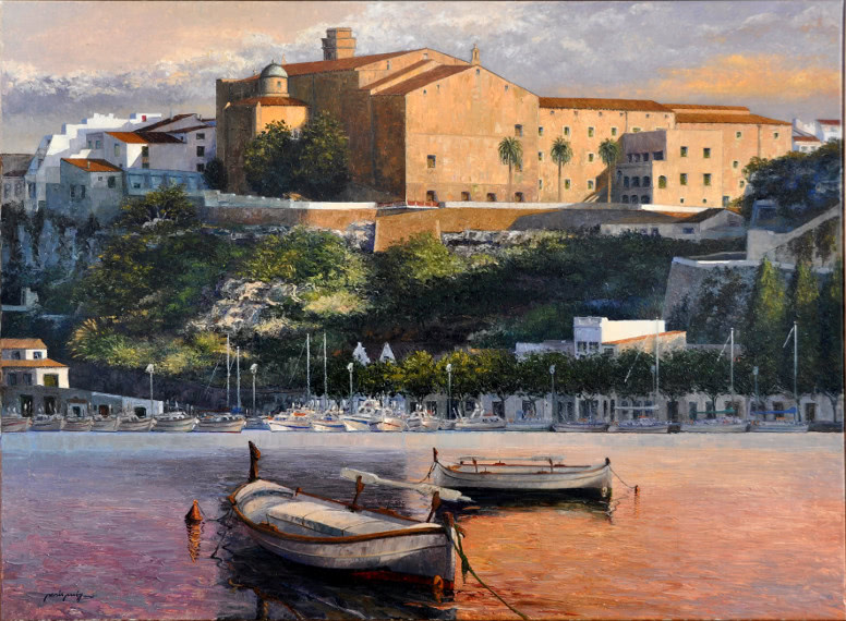 Pintura al oli del port de Mao al capvespre